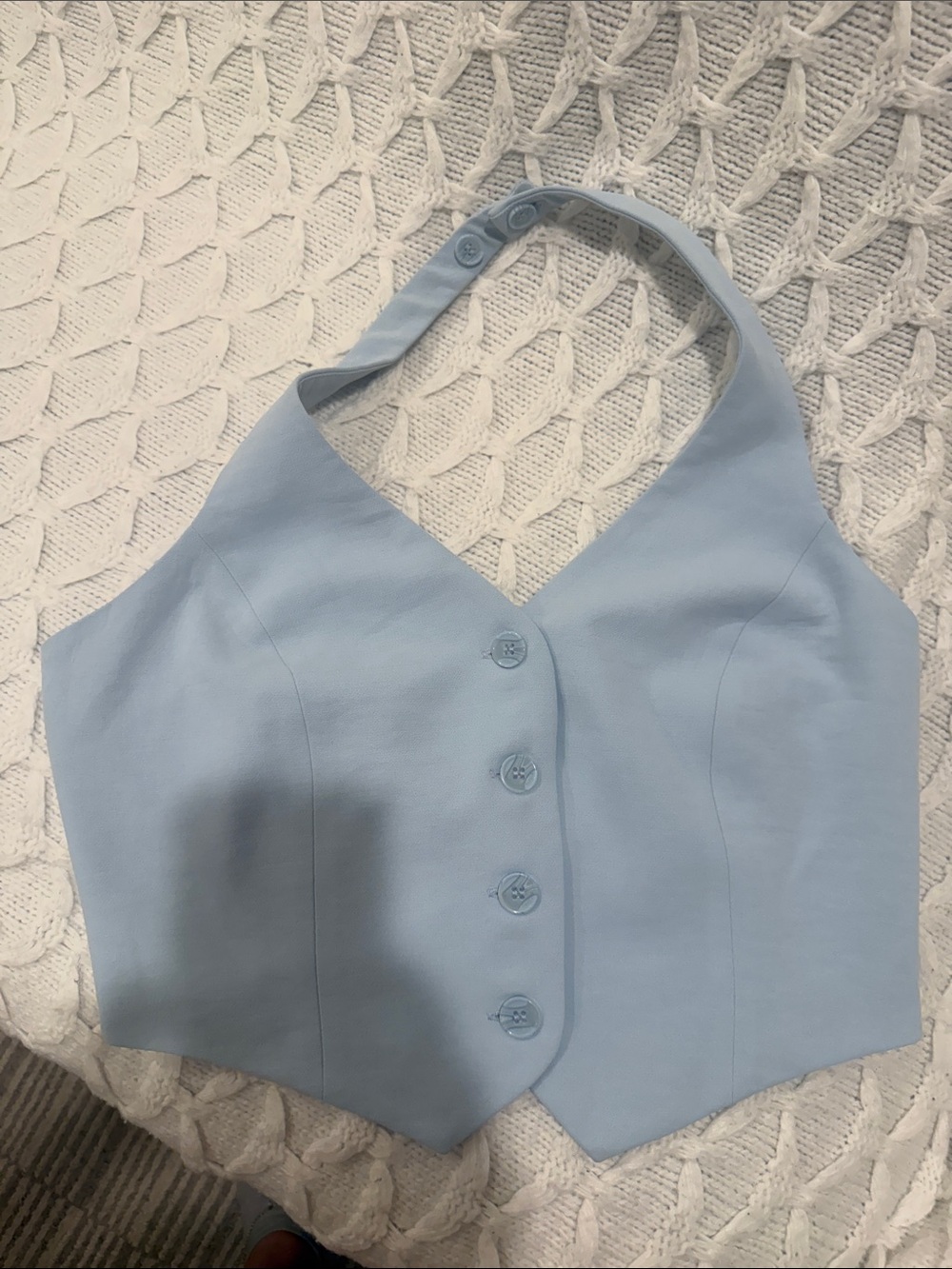 Christian Lacroix Pale Blue Button Halter Crop Top